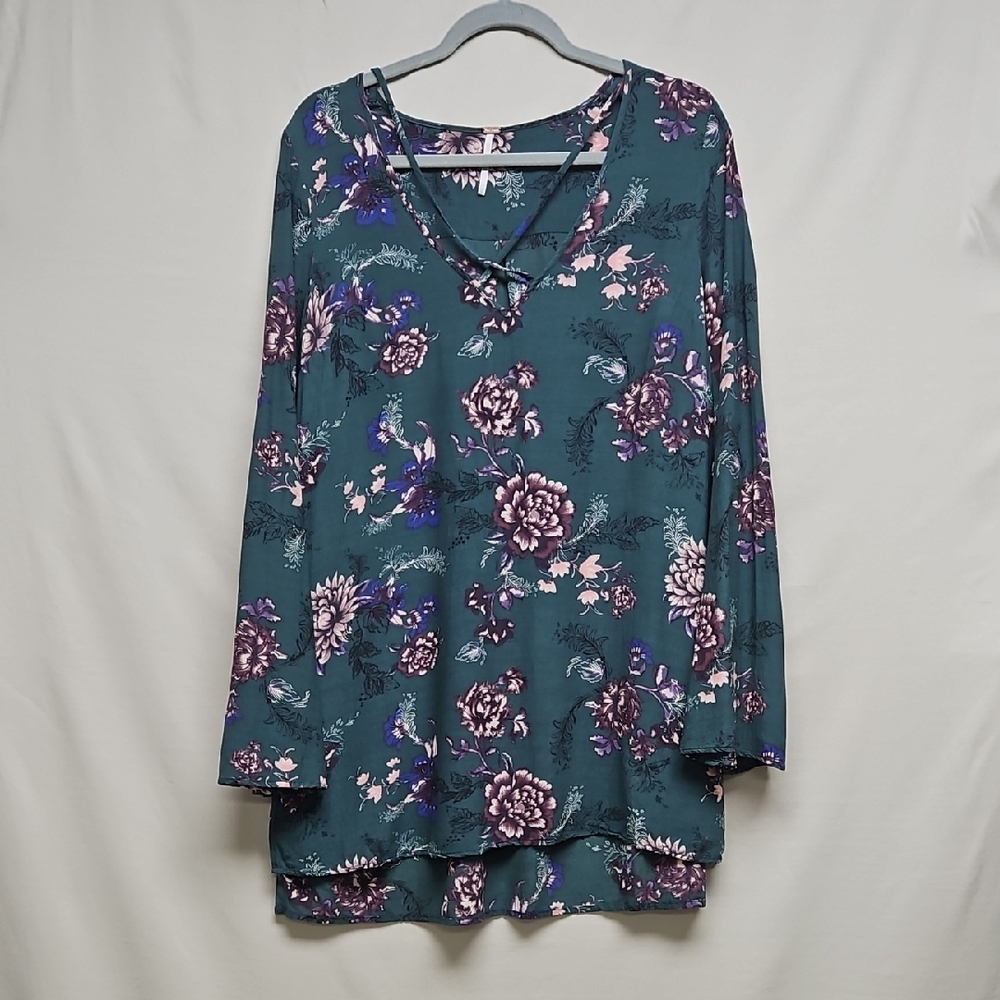 Free People Womens Floral Tunic Top Teal Purple V Neck Long Sleeve